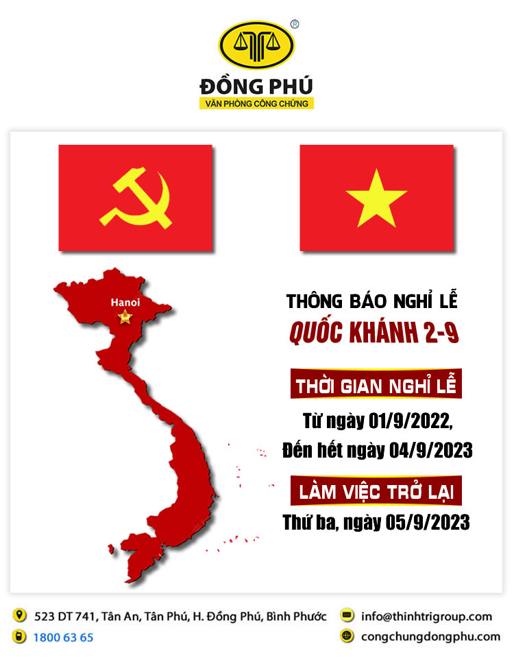 VĂN PHÒNG CÔNG CHỨNG ĐỒNG PHÚ THÔNG BÁO NGHỈ LỄ QUỐC KHÁNH 02/9/2023