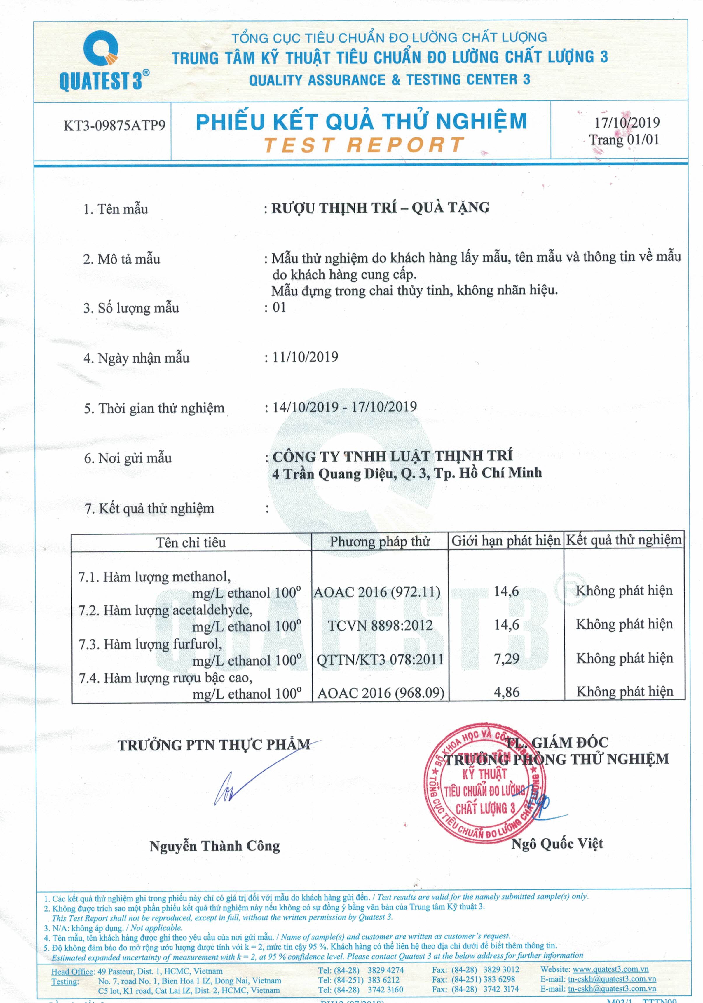 CERTIFICATE OF THINH TRI WINE TESTING