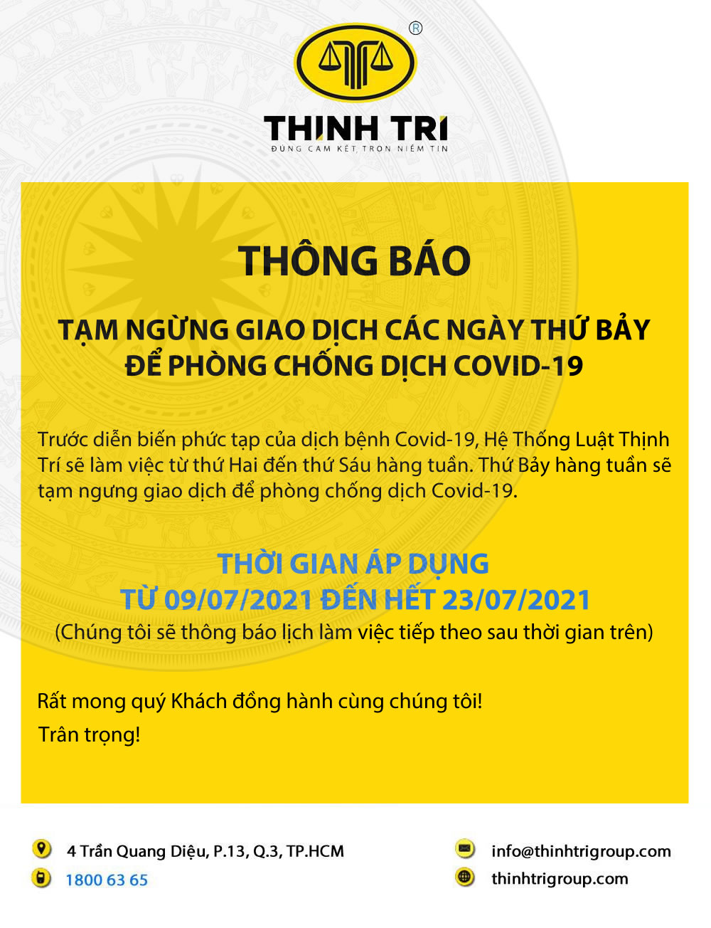 THIEN TRI LAW STOPS RUNNING ON EVERY SATURDAY TO PREVENT COVID-19 
